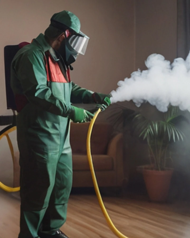 a person in a green coverall spraying with Disinfection One Service in Charlotte, NC