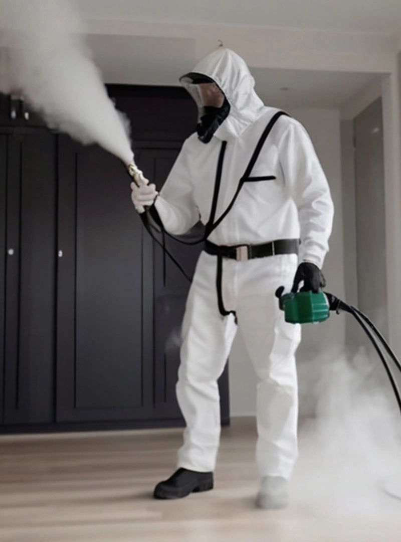 a person in a white suit spraying with Disinfection Two Service in Charlotte, NC
